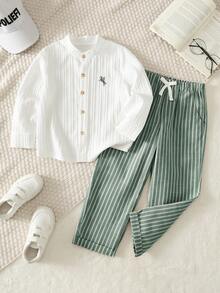 SHEIN 兒童小男孩學院風刺繡Logo立領長袖上衣/長褲套裝 - 彩色 - 查看 4