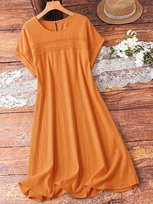 SHEIN LUNE CURVE 大码女式纯色蕾丝镂空无袖连衣裙 - 橘色 - 查看 7