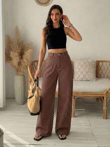 DAZY Women's Pocket Button Casual Vintage Versatile Daily Outing Autumn Vacation Date Brown And White Polka Dot Pants - Brown - View 8