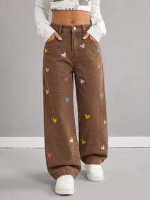 SHEIN Tween Gir LY2k 彩色愛心刺繡圖案棕色寬鬆寬腿牛仔褲，適合女童上學穿著 - 棕色 - 查看 1