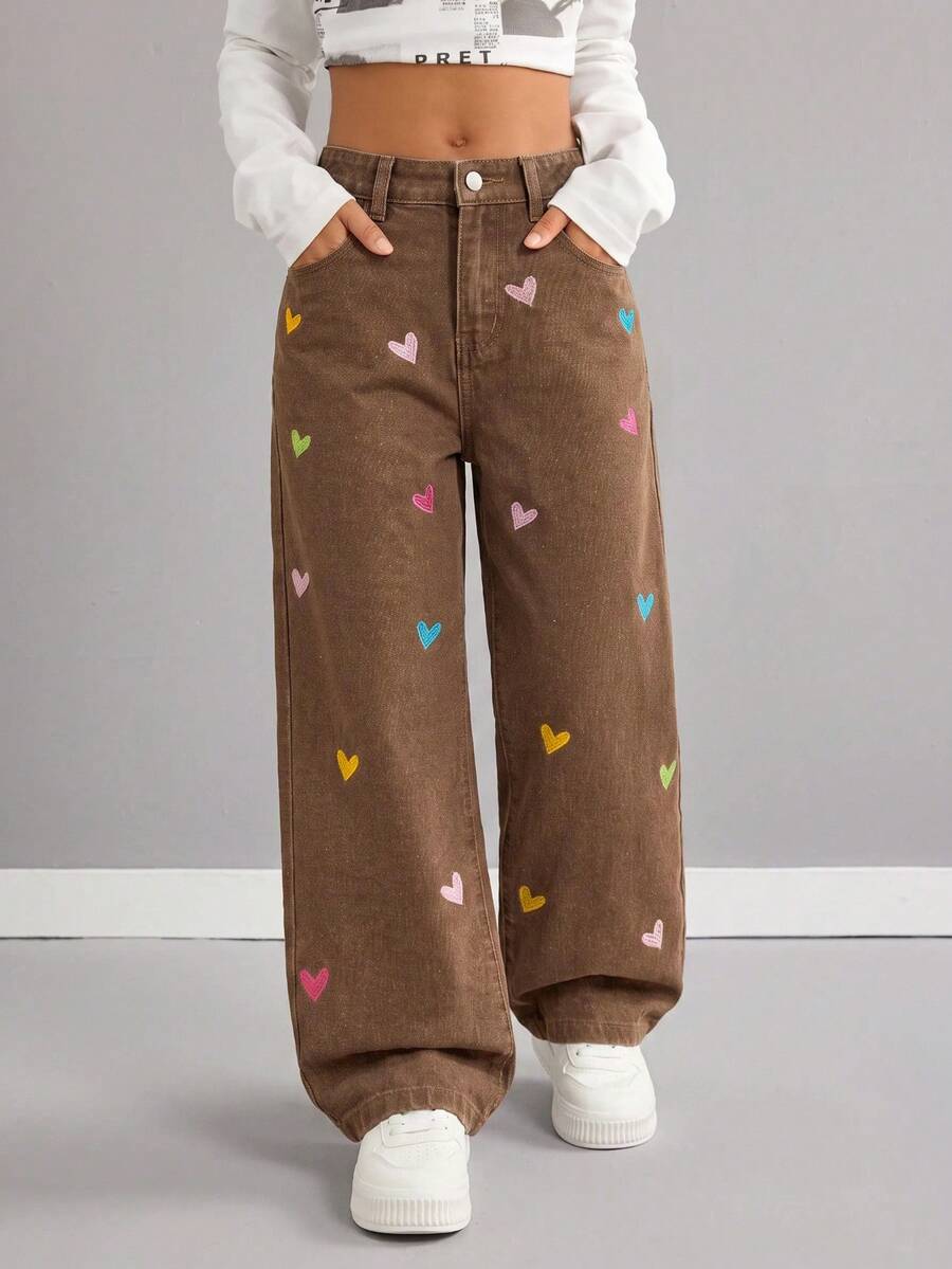 SHEIN Tween Gir LY2k 彩色愛心刺繡圖案棕色寬鬆寬腿牛仔褲,適合女童上學穿著 - 棕色 - 查看 1