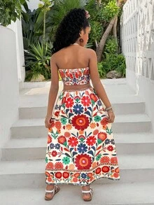 Tween Girl Tropical Print Cap Sleeve Bow Back A-Line Dress - Multicolor - View 4