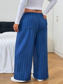 SHEIN EZwear 大尺碼休閒寬鬆條紋長褲 - 彩色 - 查看 2