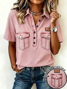 SHEIN LUNE تصميم كاجوال بياقة بولو، أكمام قصيرة للنساء، مناسب للتسوق اليومي والمواعدة والتنقل، فضفاض وممشق، طراز صيفي متعدد الاستخدامات - متعدد الألوان - مشاهدة 1