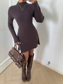 Aloruh Women's Autumn/Winter New Ribbed Dark Brown A-Line Long Sleeve Sweater Dress Work Everyday Daily Casual - Brown - View 3