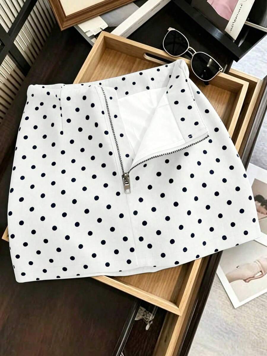 SHEIN Franclia Korean Style Girl Vibe Low Waist A-Line Fashionable Slimming Polka Dot Print Zipper Women's Skirt, Vacation, Outing, Y2K, Spring, Summer, Back To School Season, Casual, Beach, Business, Versatile, Women's Grey Skirt, Women's Polka Dot Bottoms - Black and White - View 1