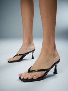 SHUZIA Women Comfortable Kitten Heel Square Toe Thong Sandals - Black - View 5