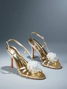 SHUZIA Women's Elegant Minimalist Pearl Floral Decor Back Strap Stiletto Heel Sandals - Gold - View 4
