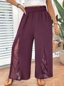 SHEIN VCAY Plus Size Casual Solid Color Lace Patchwork Pants - Dusty Pink - View 4