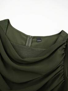 Modelyn Plus Size Patchwork Waist Cinched Long Sleeve A-Line Dress Fall - Green - View 9