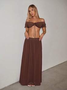 SHEIN ICON Women's Solid Color Shoulder Top And Pleated Skirt Fashion Two Pieces Set - Brown - View 3