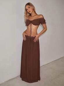 SHEIN ICON Women's Solid Color Shoulder Top And Pleated Skirt Fashion Two Pieces Set - Brown - View 6