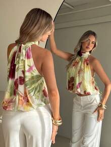 Aloruh Printed Mesh Halter Neck Women's Top - Beige - View 1