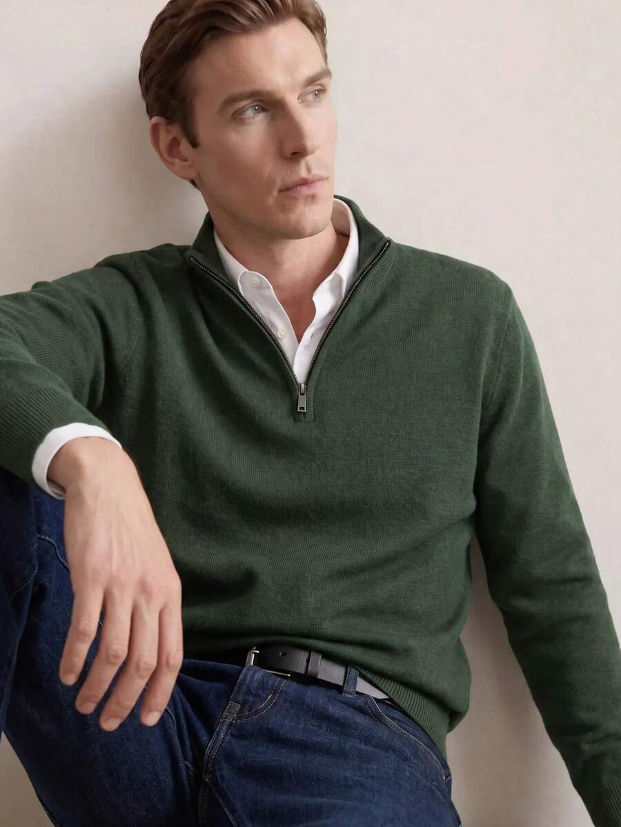 Manfinity CityGents Men's Pullover Sweater, Solid Color Knit Jumper, Autumn/Winter - Army Green - View 1