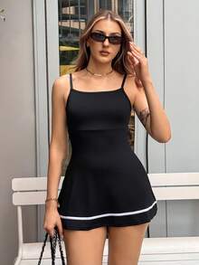 hollyjadebate 可调节肩带拼色短款连体衣连衣裙，运动装，春夏运动服健身房女装 - 黑色 - 查看 6