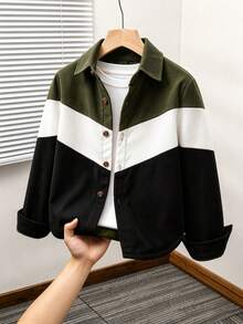 SHEIN 1件男童休閒拼色前開扣襯衫外套，秋季風格，返校季，春秋款，適合日常穿著、學校及其他場合 - 彩色 - 查看 8