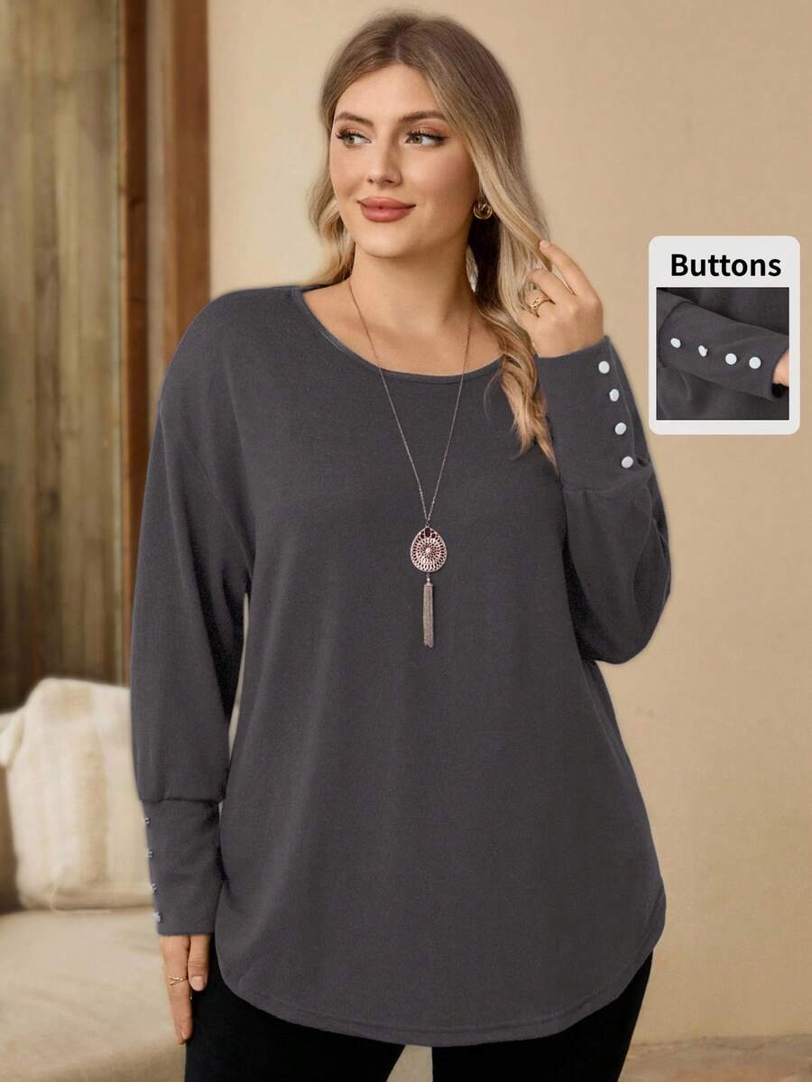 EMERY ROSE Plus Size Women's Autumn Casual Versatile Solid Color Long Sleeve T-Shirt - Dark Grey - View 1