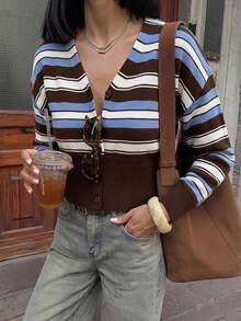 SHEIN Frenchy Cárdigan ligero de mujer casual retro con rayas marrones, cuello en V, manga larga, abotonado simple, estilo preppy, para volver a la escuela, suéter de otoño e invierno para uso diario - Multicolor - Ver 6