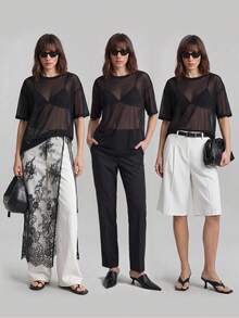 Ontre Women's Black Mesh Fabric Sheer Tops, See Through Shirt, Loose Fit Round Neck Short Sleeve T-Shirt, Sexy Chic Club Night Summer Vacation Boho - Black - View 3