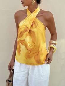 Lavishia 女款夏季橘色印花上衣 浪漫度假海灘穿搭 - 黃色 - 查看 4