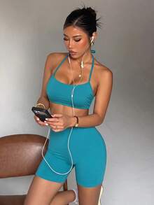 Gameset SHEIN Sport Women's Bra Tank Top Shorts Sports Sporty Sexy Set Gym Workout Teal Summer - Aqua Blue - View 6