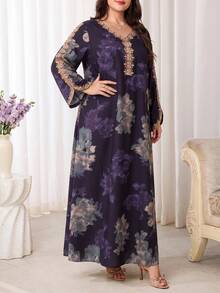 Al Najma 大尺碼女款花卉印花刺繡阿拉伯傳統長洋裝，適合晚宴穿著 - 彩色 - 查看 8