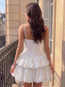 Poshira White Sequin Mesh Ruffle Strap Evening Dress - White - View 2