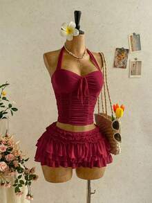 Soleia Damen Frühling/Sommer romantisches Urlaubs Chiffon plissiert rückenfrei Neckholder Top - Bordeaux - Übersicht 8