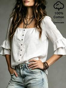 SHEIN White Washed Crinkled Fabric Square Neck Front Placket With Round Wooden Buttons Shoulder Gathered Double Layer Ruffle Trim Three-Quarter Straight Sleeve Slim Fit Cropped Blouse - White - View 5