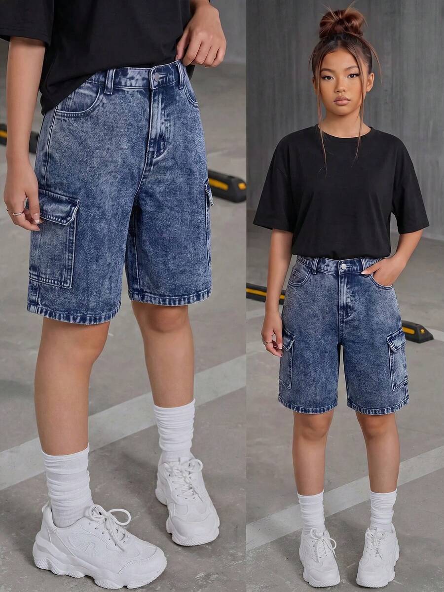 SHEIN 青少年女孩 Y2K 街頭風水洗寬鬆休閒工裝牛仔短褲,適合夏季校園運動 - 深色水洗藍 - 查看 1