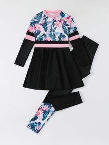 SHEIN Teen Girls' Flower Print Patchwork Bikini Set Summer Holiday - Black - View 3