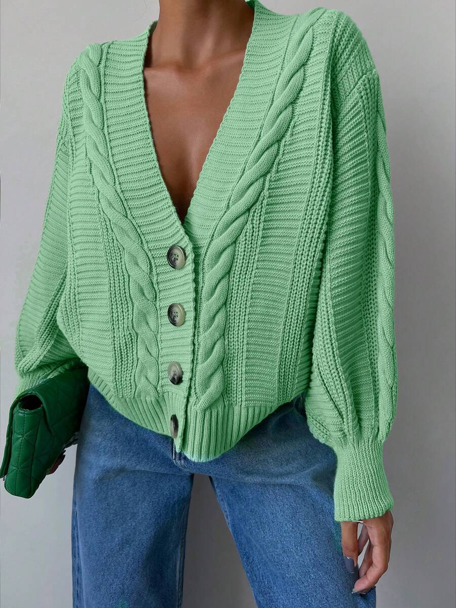 EURMUSE Cable Knit Drop Shoulder Cardigan - Mint Green - View 1