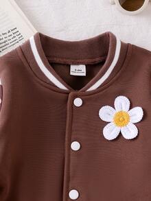 SHEIN Playful Pals 幼兒女嬰可愛棕色奶油色花朵貼布花卉印花條紋羅紋長袖棒球領常規版生日秋季公主風保暖夾克 - 棕色 - 查看 6
