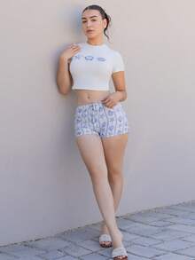 Andrea Bello 女式夏季海滩海洋贝壳和海星印花蓝色条纹纽扣腰带短裤 - 彩色 - 查看 6