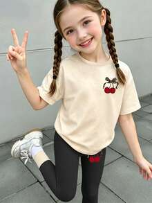 Elladie kids 女童時尚創意極簡豹紋蝴蝶結與櫻桃圖案基礎短版T恤與內搭褲套裝 - 彩色 - 查看 3