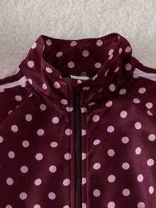 SHEIN Elladie kids 2件組女童春秋新款防風布料酒紅波點休閒時尚蝴蝶結緞帶裝飾立領前開拉鍊上衣與休閒長褲可愛甜美套裝 - 酒紅色 - 查看 8