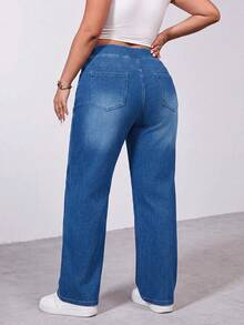 Lounesse Plus Size Casual Washed High Waist Jeans - Blue - View 2