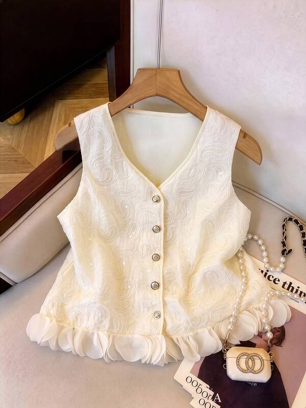 GlowEve CURVE Plus Size Spring/Summer French Style Cream White Sequin Embroidered Vest For Women, V-Neck, Gold Buttons, Mesh Ruffle Hem