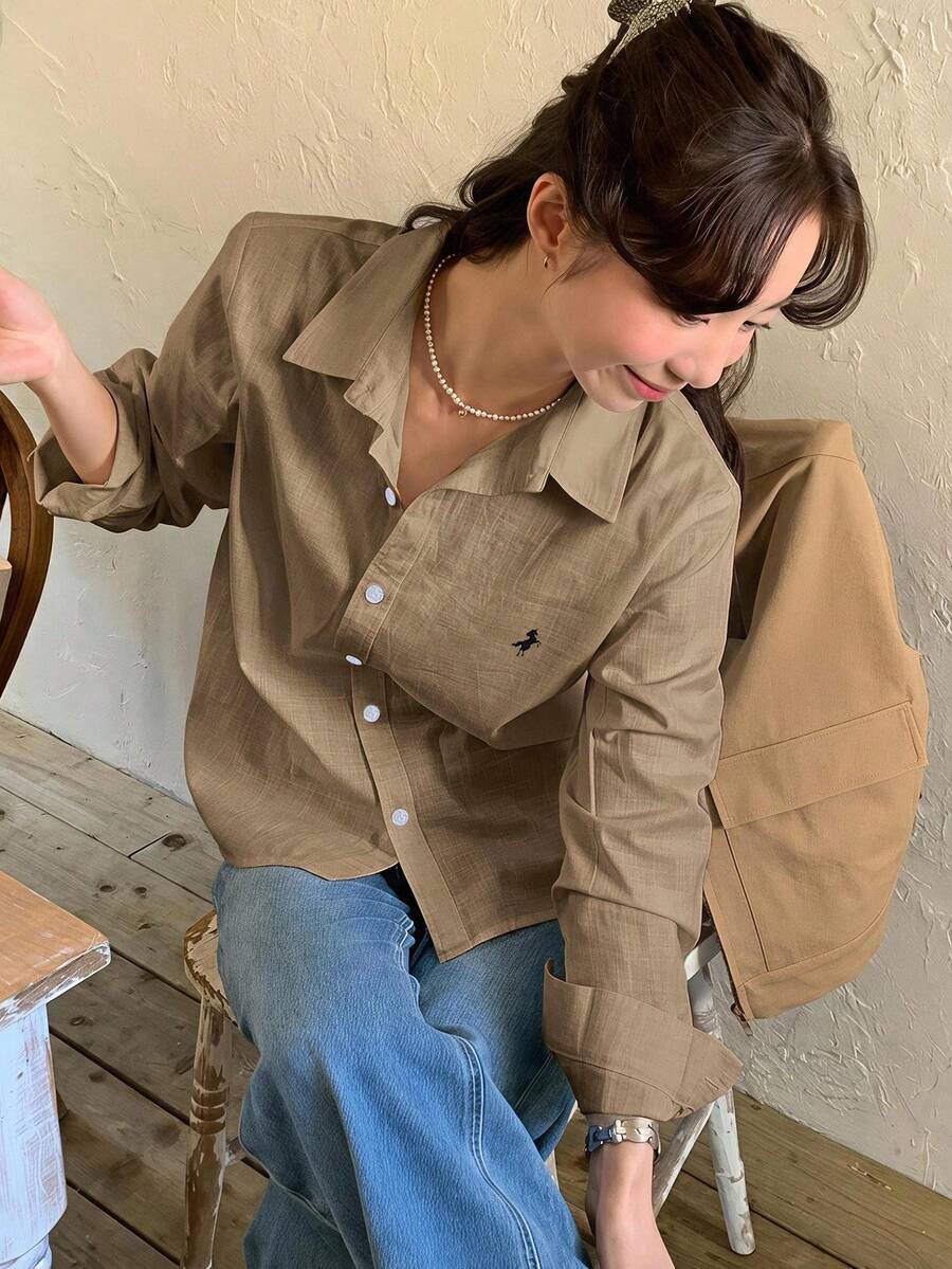 DAZY Casual Versatile Spring/Summer Embroidered Pattern Loose Long Sleeve Collared Women's Shirt Fall - Khaki - View 1