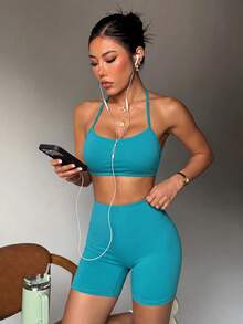 Gameset SHEIN Sport Women's Bra Tank Top Shorts Sports Sporty Sexy Set Gym Workout Teal Summer - Aqua Blue - View 4
