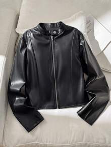 SHEIN Tween女孩童秋冬黑色翻領純色PU皮革短版休閒夾克，酷街頭風運動騎行拉鍊外套，百搭開學外套 - 黑色 - 查看 7