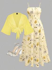 Franclia Plus Size Women's Floral Chiffon Dress With Cardigan, Elegant 2-Piece Set For Summer Fall Cloth For Women - Yellow - View 1