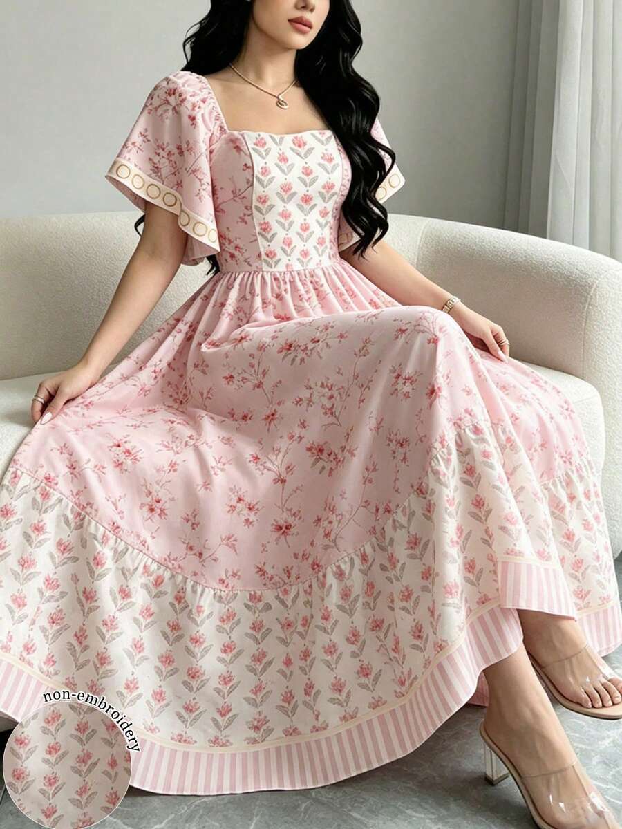 Modelyn Tulip & Floral Branch Print Women's Floral Dress, Women's Fashion Square Neck Cap Sleeve Dress, Hem Ruffle Design, Floral Pattern Pink Dress, Summer Vacation Style Dress - Multicolor - View 1