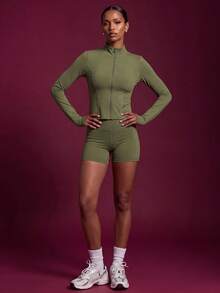Zivah Women's Minimalist Modest Sporty Zipper Long Sleeve Top And Shorts Sports Set Gym Olive Green Autumn Workout Gym - Green - View 4