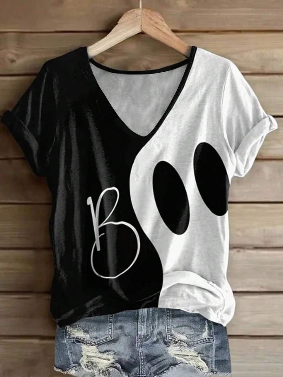 EMERY ROSE Plus Size Women's Halloween Ghost Face BOO Graphic Black White Colorblock V-Neck Tee,Retro Fun Fall Spooky Season Casual Top With Rolled Up Cuffs - Multicolor - View 1