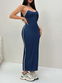 Flexra Plus Size Women's Colorblock Split Hem Fitted Spaghetti Strap Denim Dress - Blue - View 9