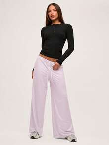 SHEIN BASICS Casual Y2k Knitted Pink And White Striped Low Waist Baggy Wide Leg Floor Length Pants For Women Autumn Clothes Lounge - Pink - View 2