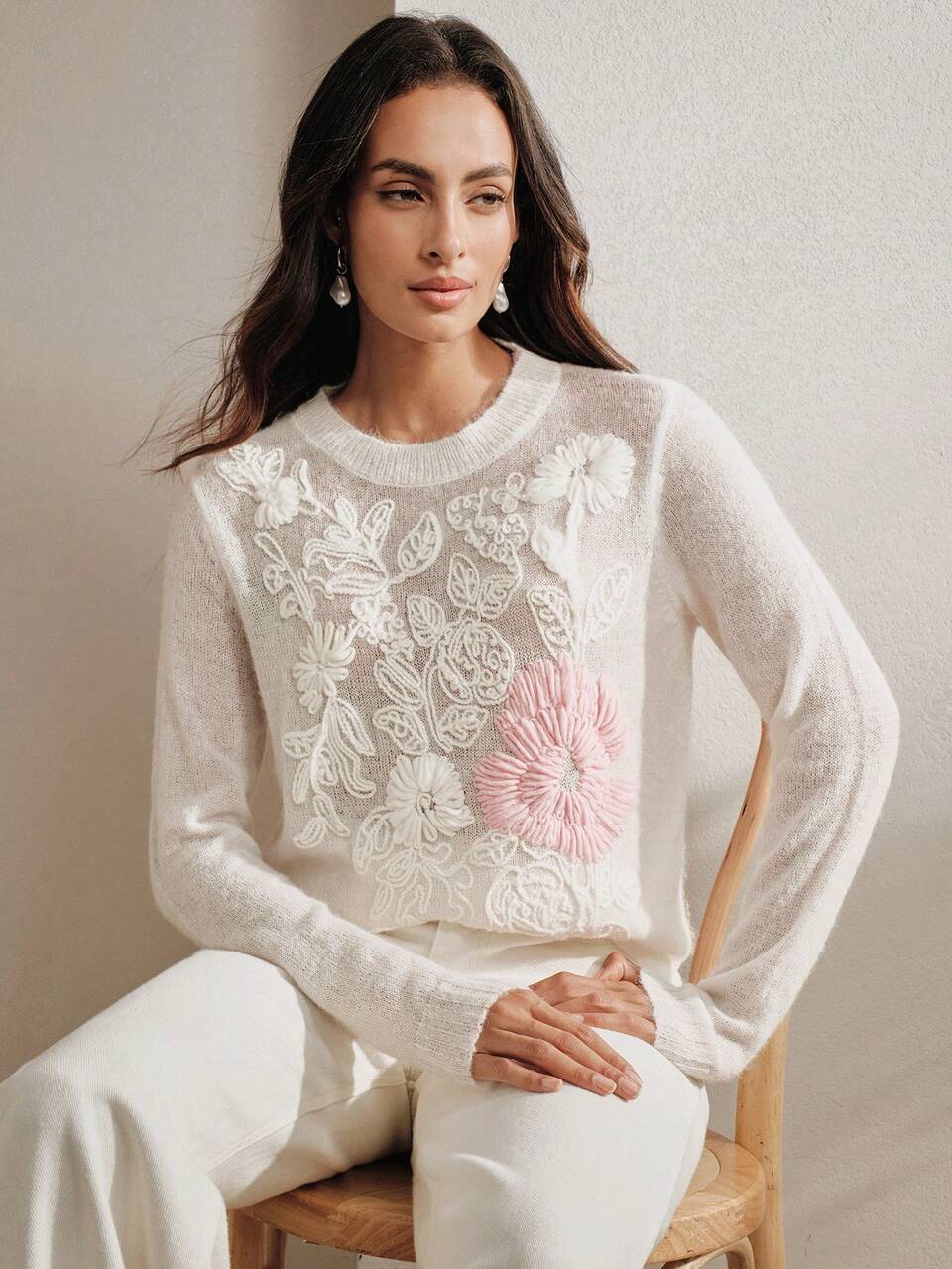 Anewsta Women's New Autumn 3D Floral Embroidery Wool Knit Sweater, Gentle Style Commuting Casual Pullover