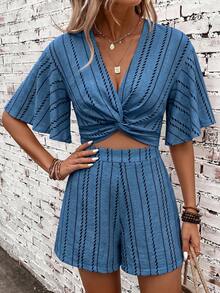 SHEIN Clasi Women's Summer Striped Print Vacation Short Sleeve Shorts Set - Blue - View 1