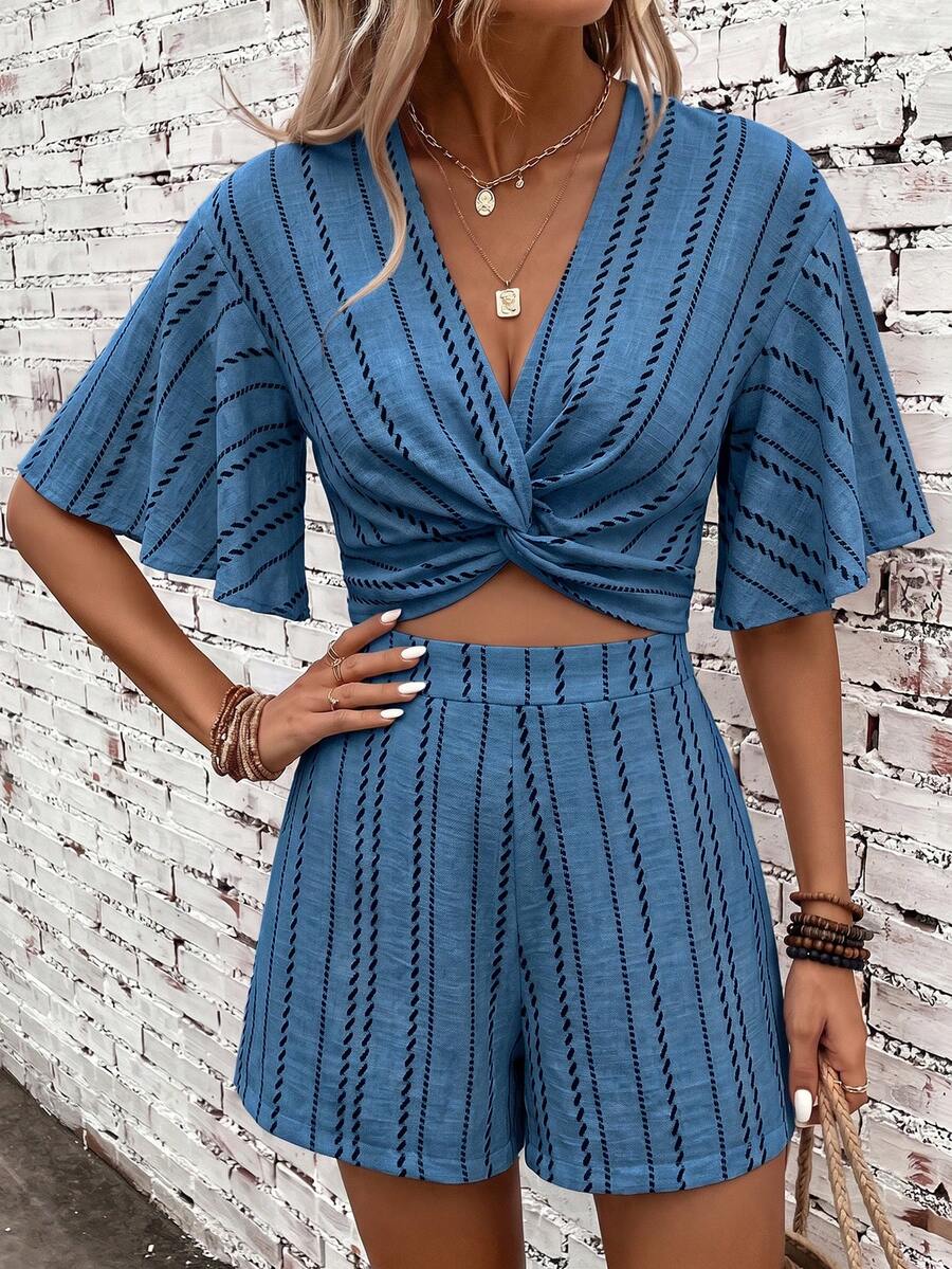 SHEIN Clasi Women's Summer Striped Print Vacation Short Sleeve Shorts Set - Blue - View 1